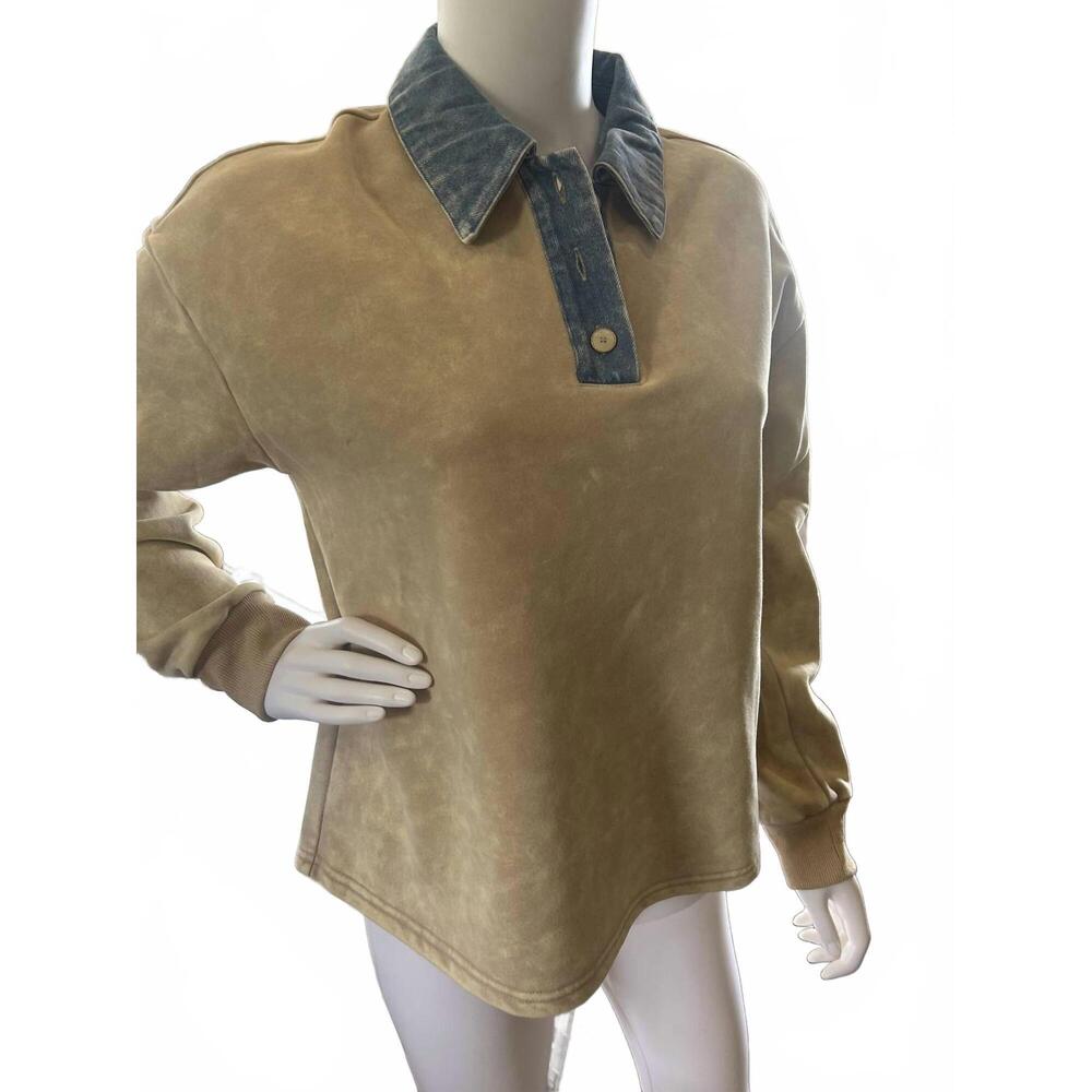 NEW MYSTREE women's denim collar polo shirt in washed oatmeal